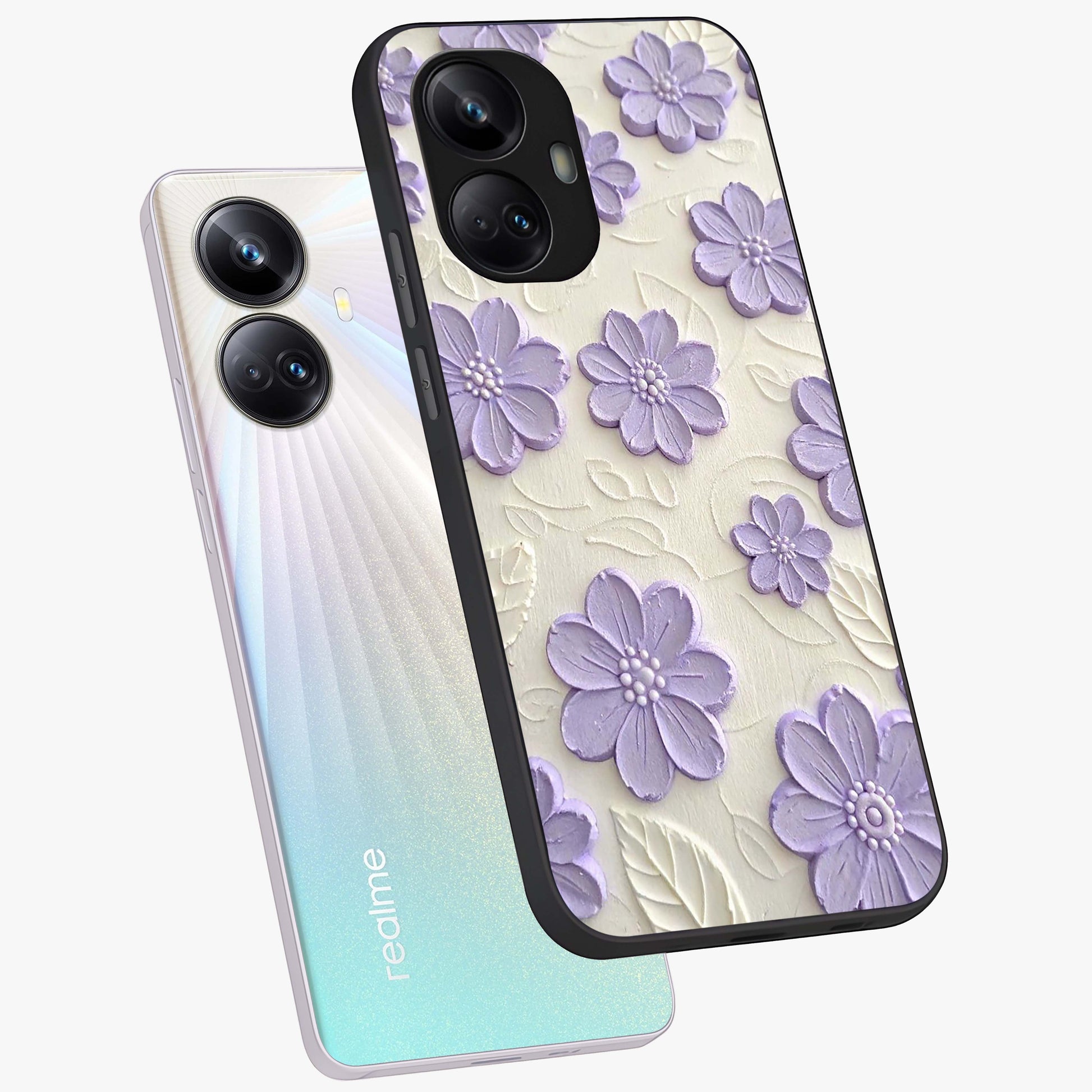 Floral Wall Art With Purple Flowers Glass Case displayed in angled mockup highlighting vibrant purple floral illustration with artistic aesthetic.