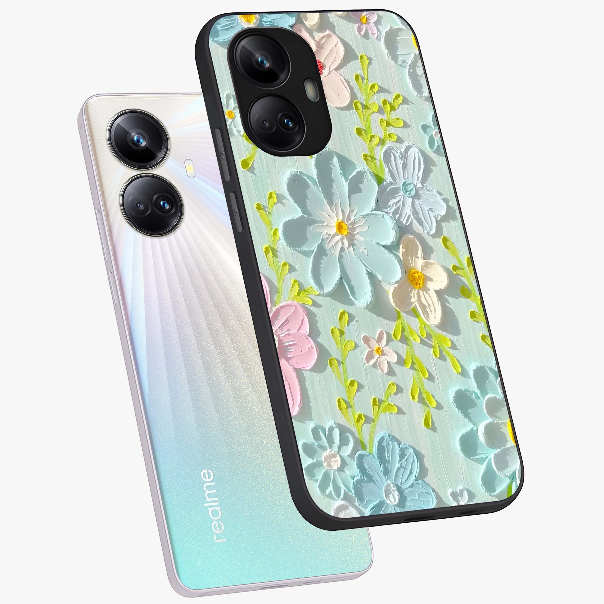 Frosted Petal Garden Glass Case displayed in angled mockup highlighting delicate flower petal design with calm garden aesthetic.