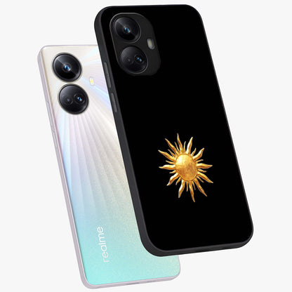 Golden Sun Minimalism Glass Case displayed in angled mockup highlighting eerie shadow illustration with gothic aesthetic.