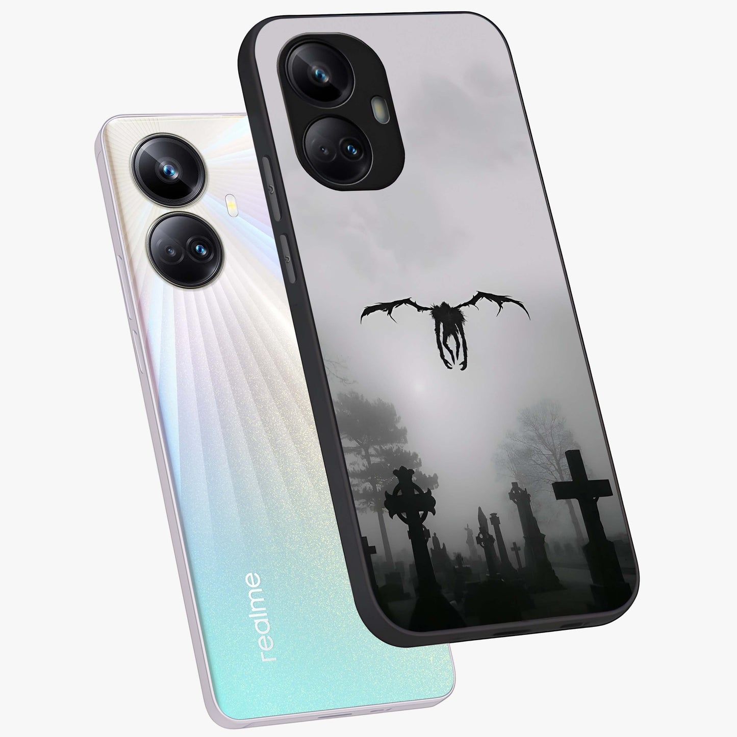 Graveyard Shadow Descent Glass Case displayed in angled mockup highlighting eerie shadow illustration with gothic aesthetic.