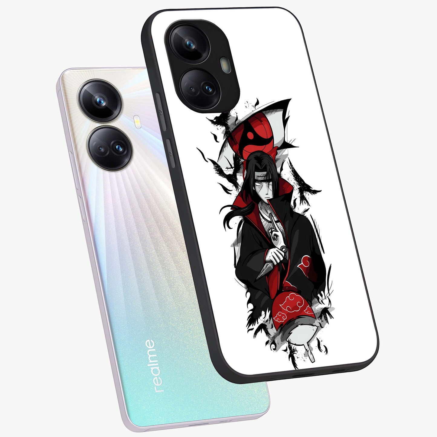 Itachi Limited Edition Naruto Anime Glass Case displayed in angled mockup highlighting dramatic anime illustration with bold action aesthetic.
