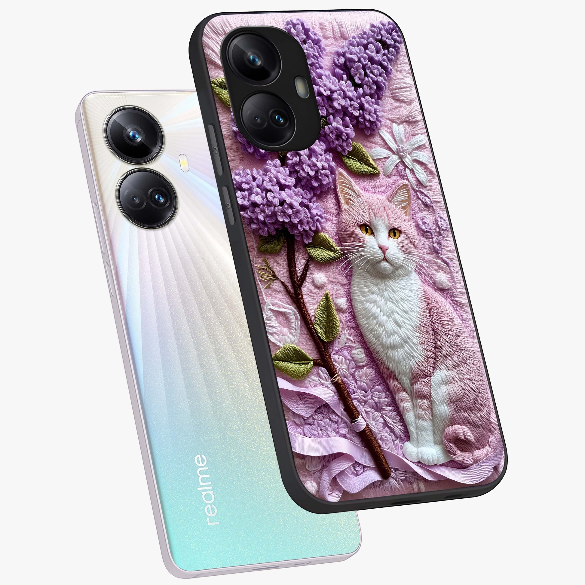 Lavender Cat Whimsy Glass Case displayed in angled mockup highlighting playful feline illustration with pastel lavender aesthetic.