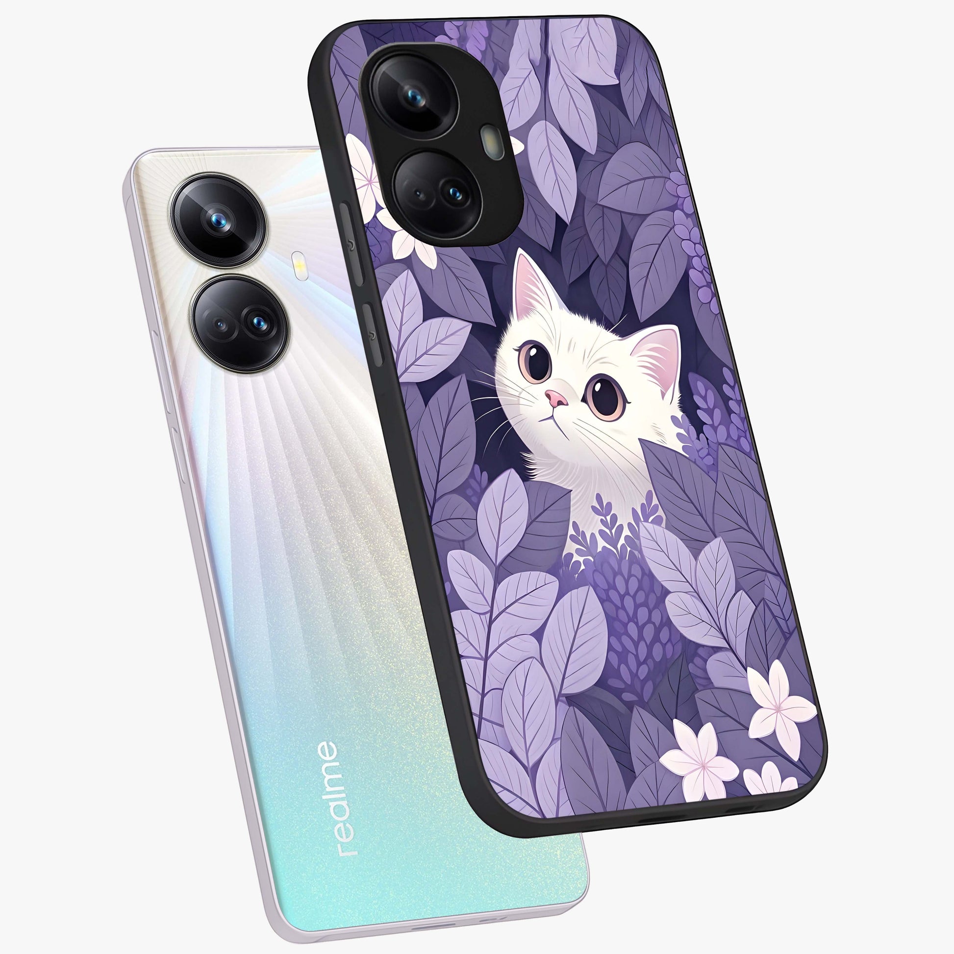 Lilac Hide Peek Cat Glass Case displayed in angled mockup highlighting playful feline illustration with lilac aesthetic design.