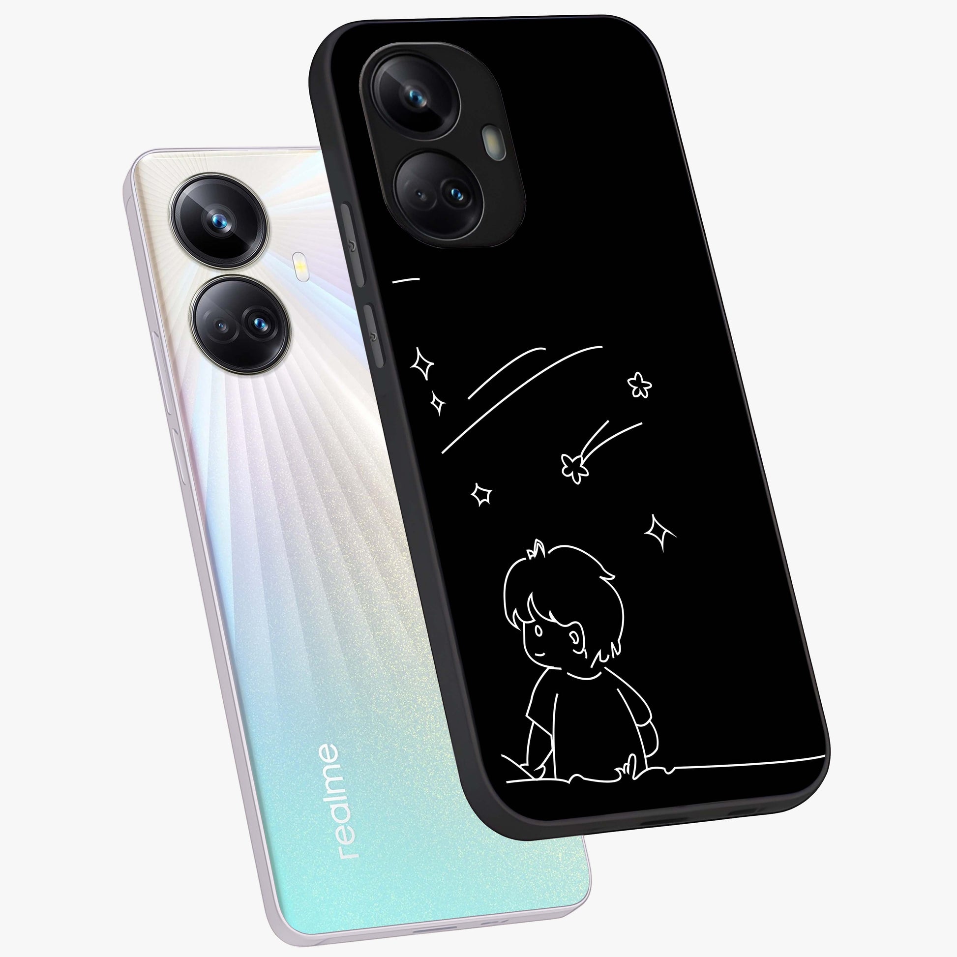 Line Art Boy With Shooting Stars Glass Case displayed in angled mockup highlighting elegant line art design with dreamy star aesthetic.