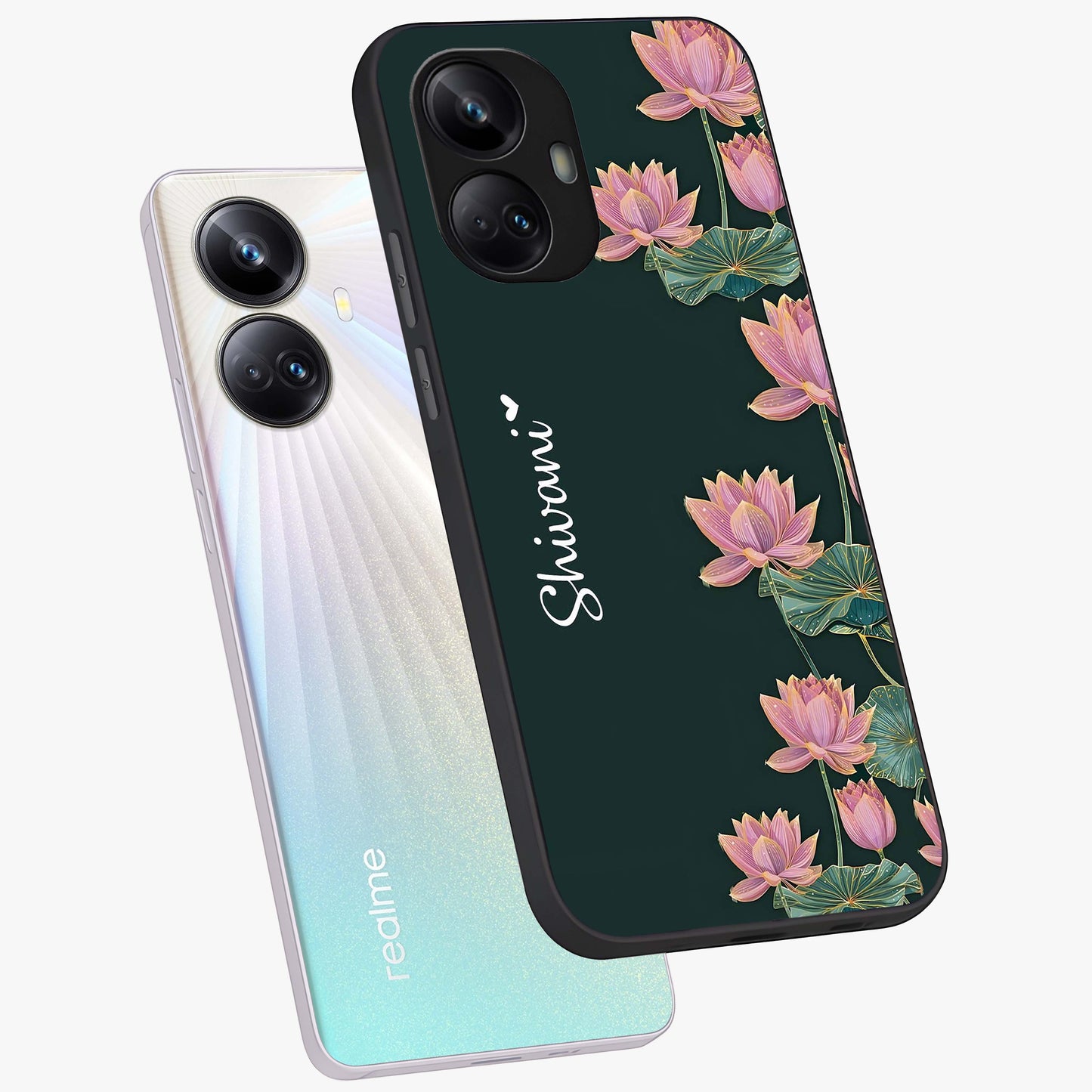 Lotus Bloom Serenity Custom Name Glass Case displayed in angled mockup highlighting graceful lotus illustration with custom name feature.