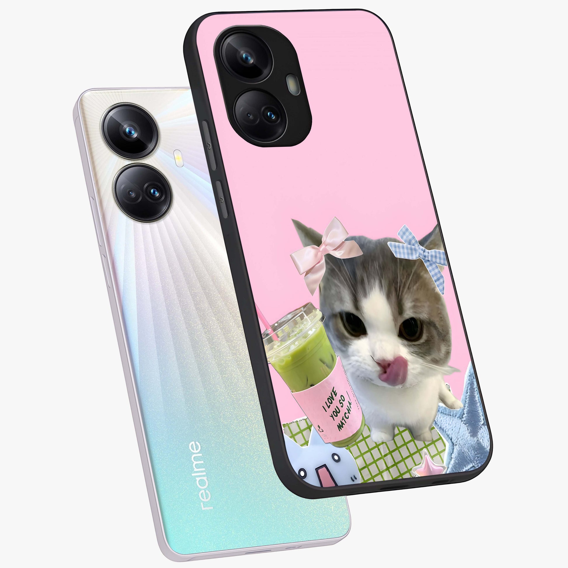 Love Matcha Cat Glass Case displayed in angled mockup highlighting playful feline illustration with cozy matcha aesthetic.