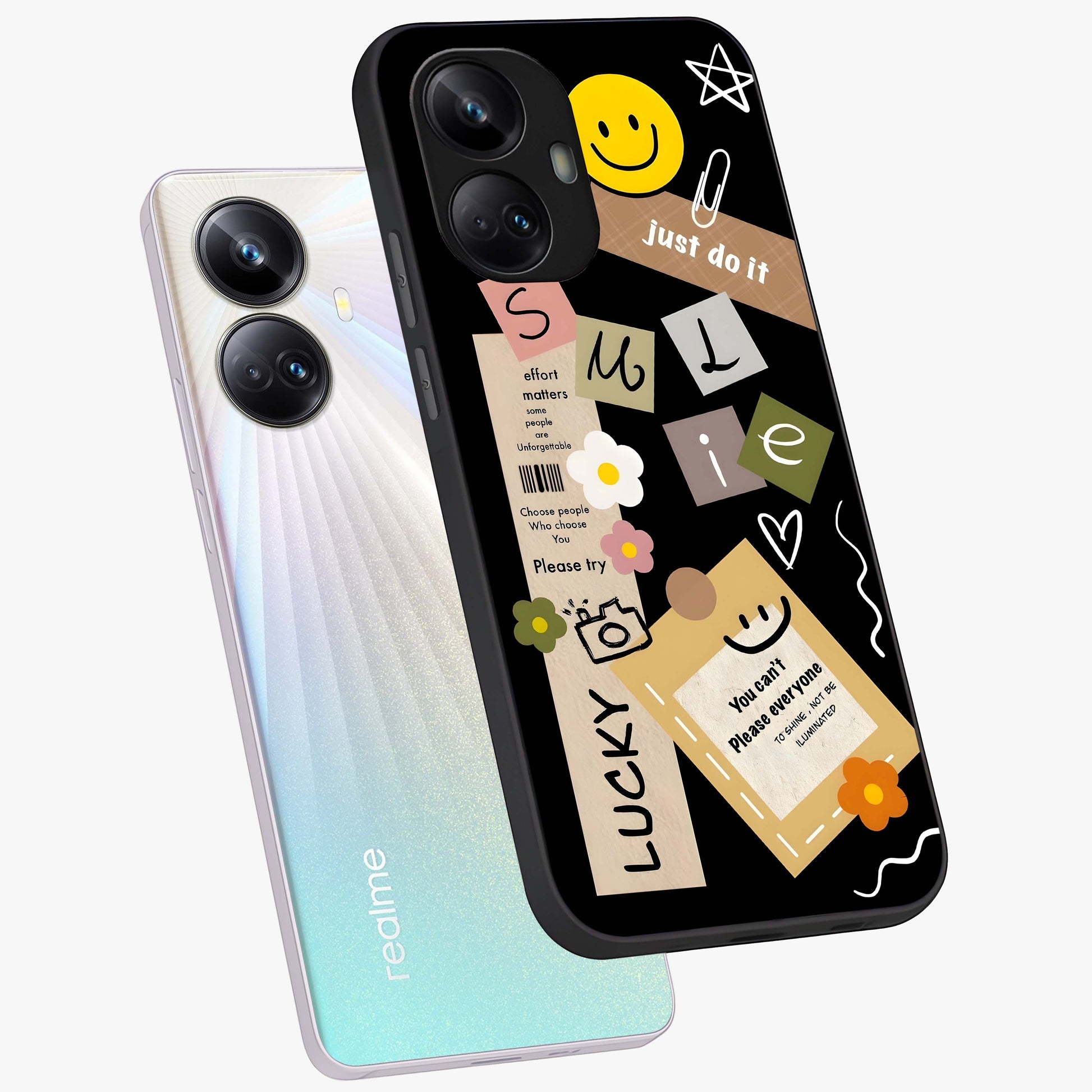 Lucky Aesthetic Collage Glass Case displayed in angled mockup highlighting stylish collage pattern with modern aesthetic vibe.