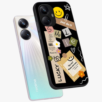 Lucky Aesthetic Collage Glass Case displayed in angled mockup highlighting stylish collage pattern with modern aesthetic vibe.