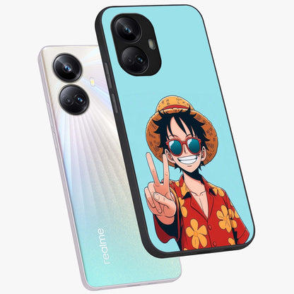 Luffy Summer Anime Vibe Glass Case displayed in angled mockup highlighting energetic anime illustration with summer vibe aesthetic.