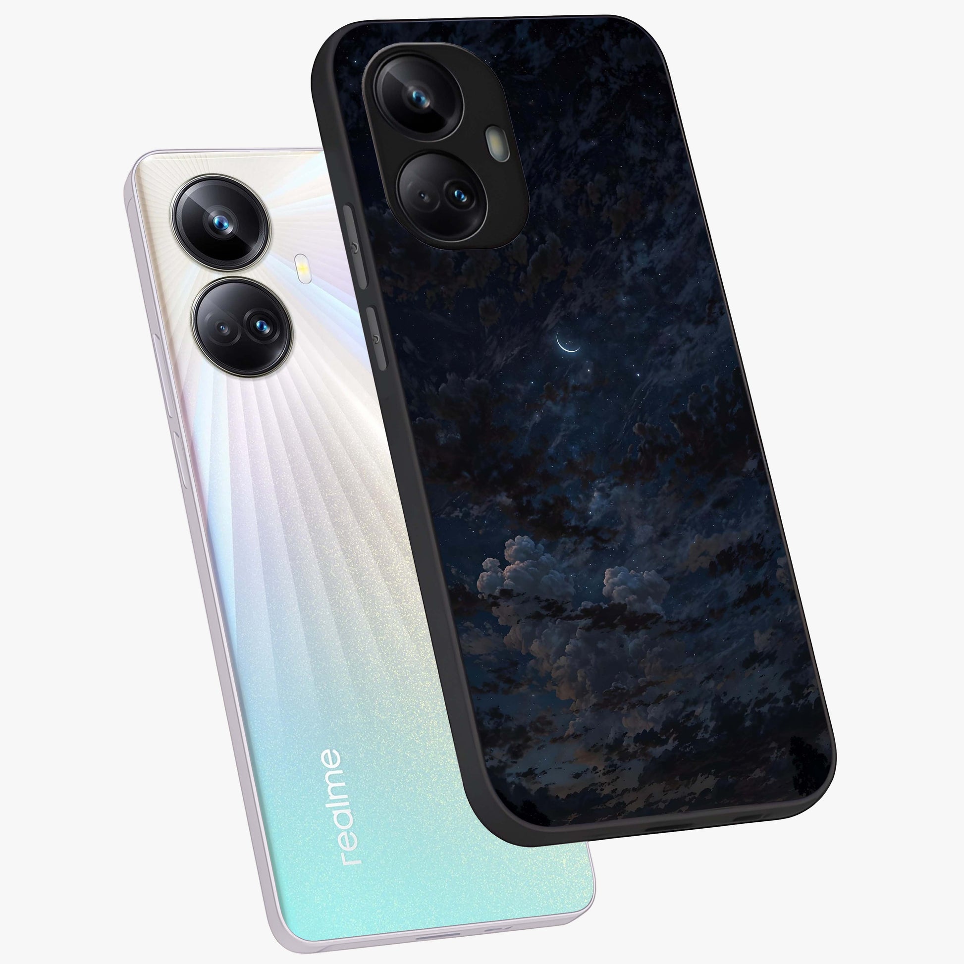 Lunar Veil Silence Glass Case displayed in angled mockup highlighting soft lunar design with peaceful celestial aesthetic.