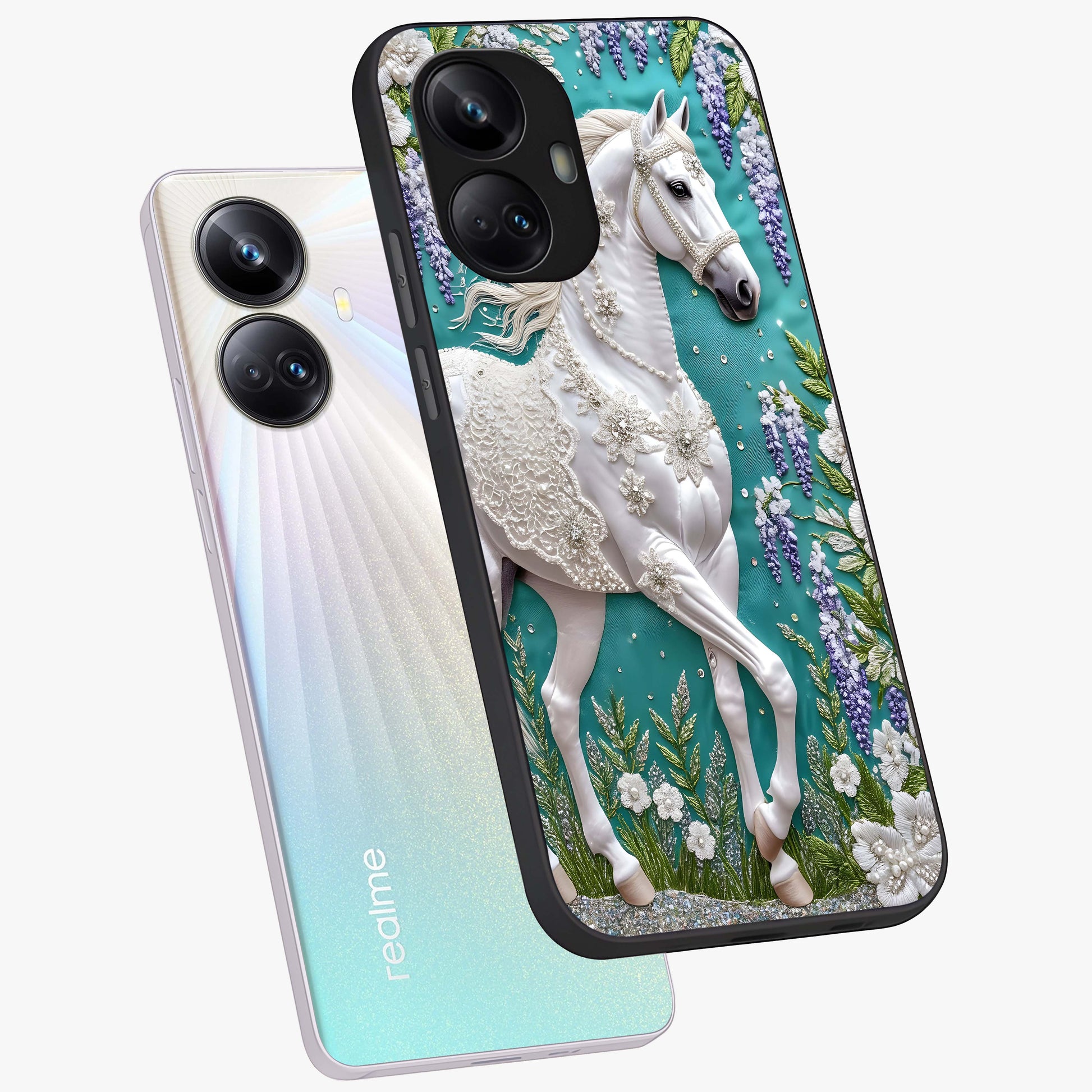 Majestic Floral Stallion Glass Case displayed in angled mockup highlighting majestic stallion illustration with elegant floral aesthetic.
