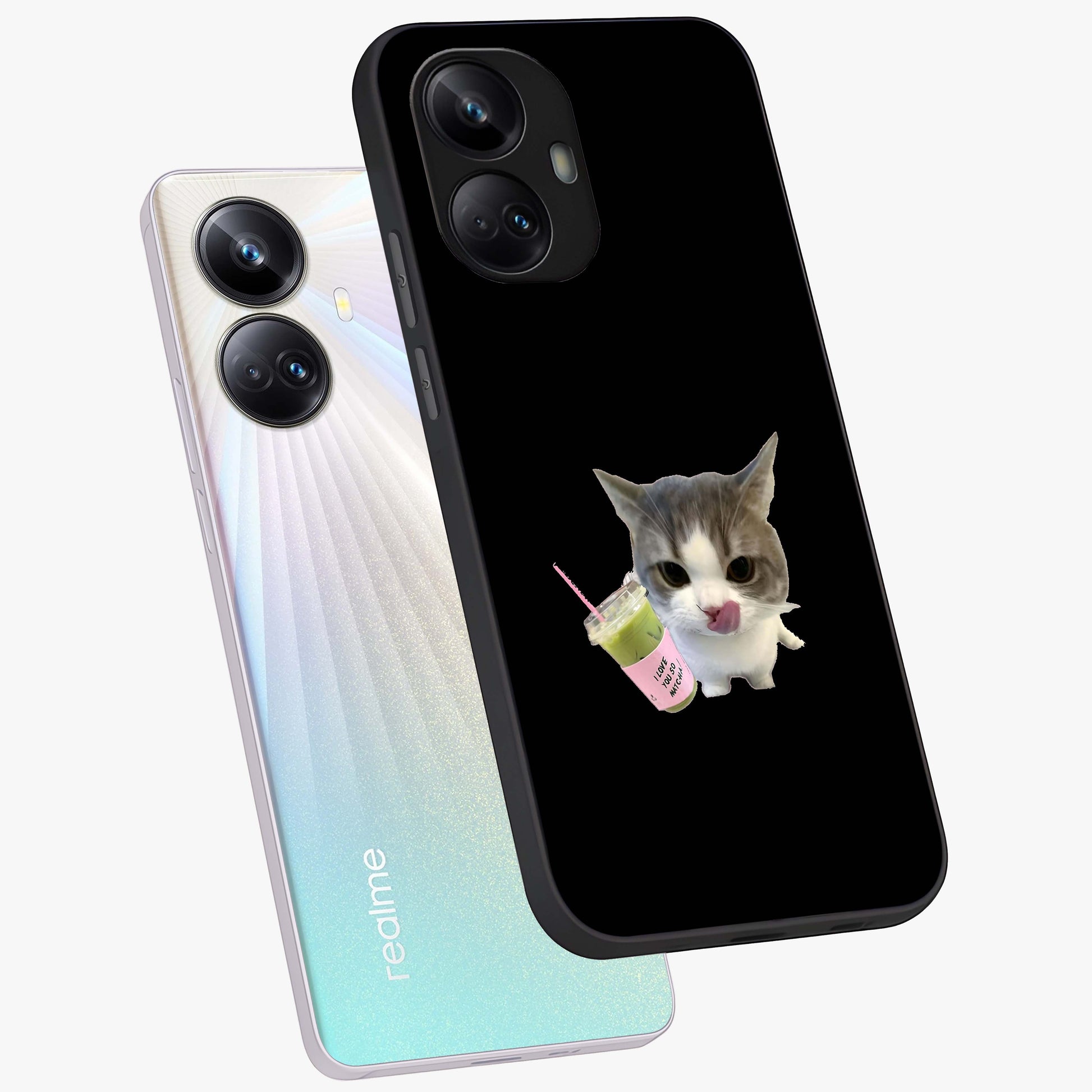 Matcha Cat Style Glass Case displayed in angled mockup highlighting playful feline design with pastel matcha aesthetic.