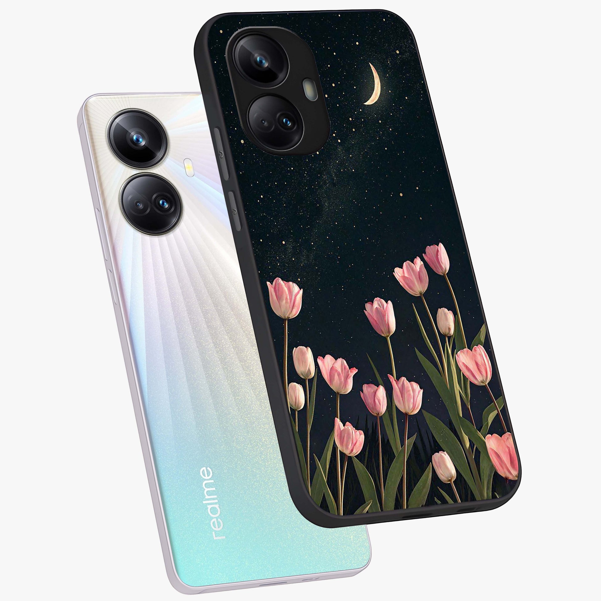 Midnight Tulip Whispers Vibe Glass Case displayed in angled mockup highlighting delicate tulip design with midnight floral aesthetic.