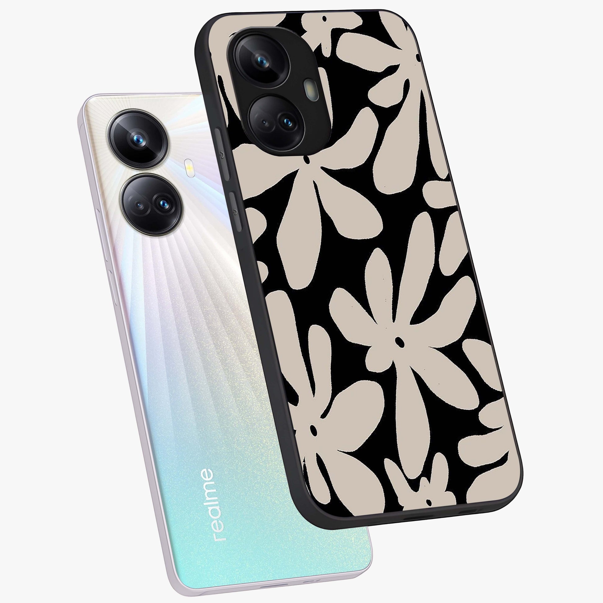 Monochrome Petal Dance Glass Case displayed in angled mockup highlighting elegant petal design with black and white aesthetic.
