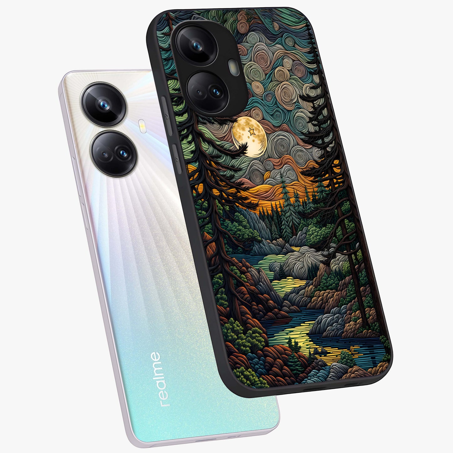 Moonlight Forest Dream Glass Case displayed in angled mockup highlighting dreamy forest design with glowing moon aesthetic.