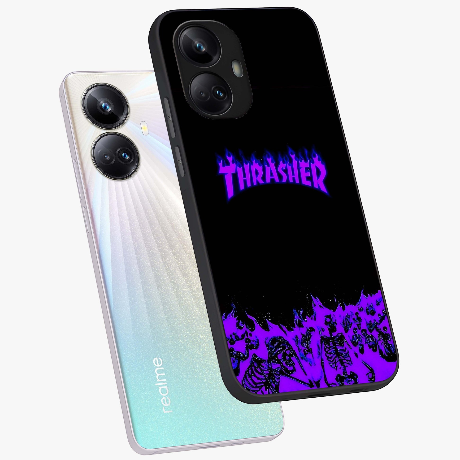 Neon Flame Riot Glass Case displayed in angled mockup highlighting glowing flame design with vibrant neon aesthetic.