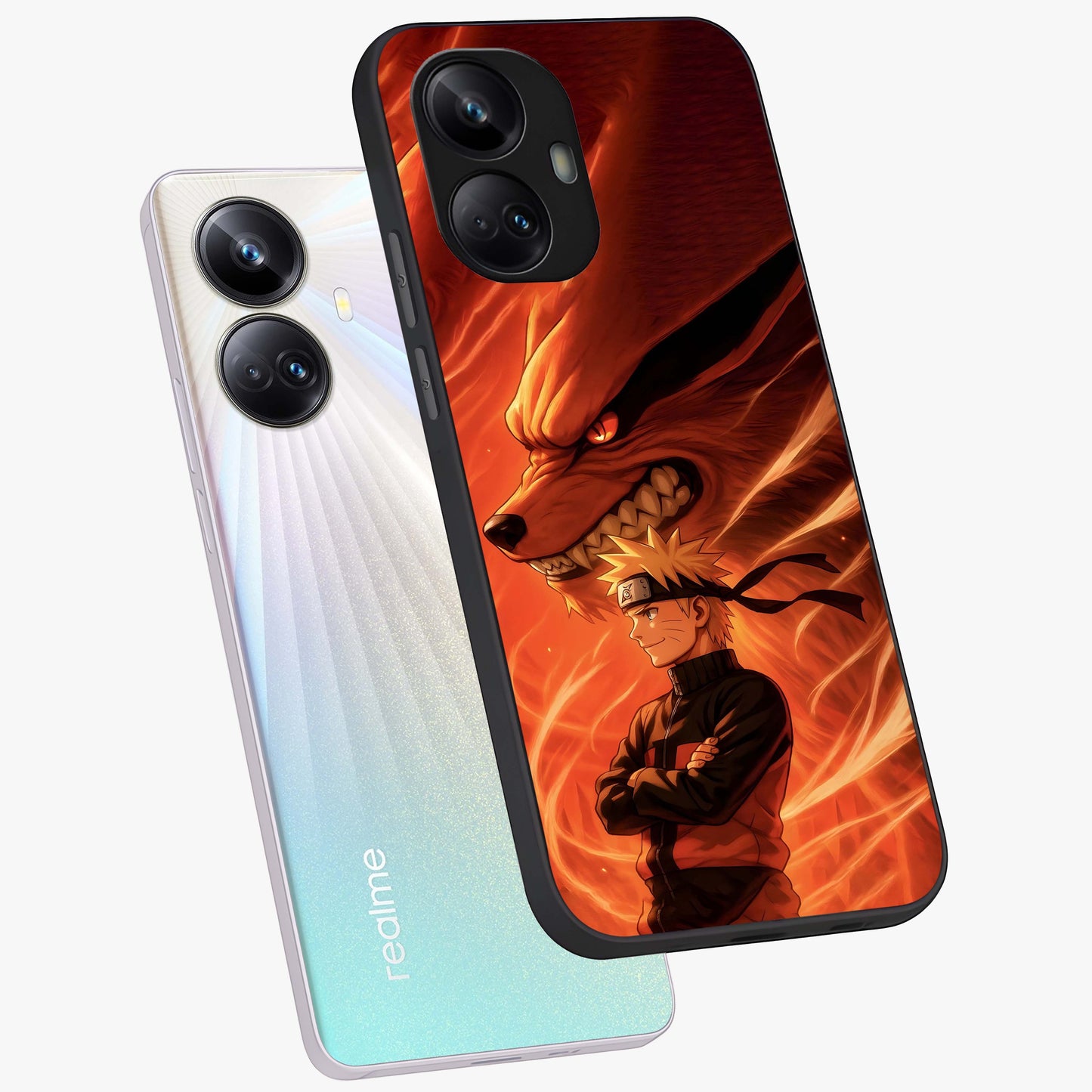 Nine Tails Legacy Glass Case displayed in angled mockup highlighting dynamic anime beast illustration with bold mystical aesthetic.