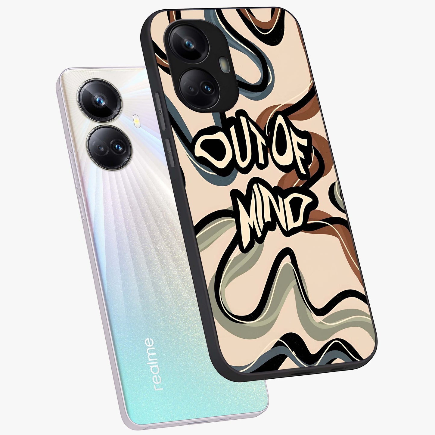 Out Of Mind Glass Case displayed in angled mockup highlighting bold statement design with modern artistic aesthetic.