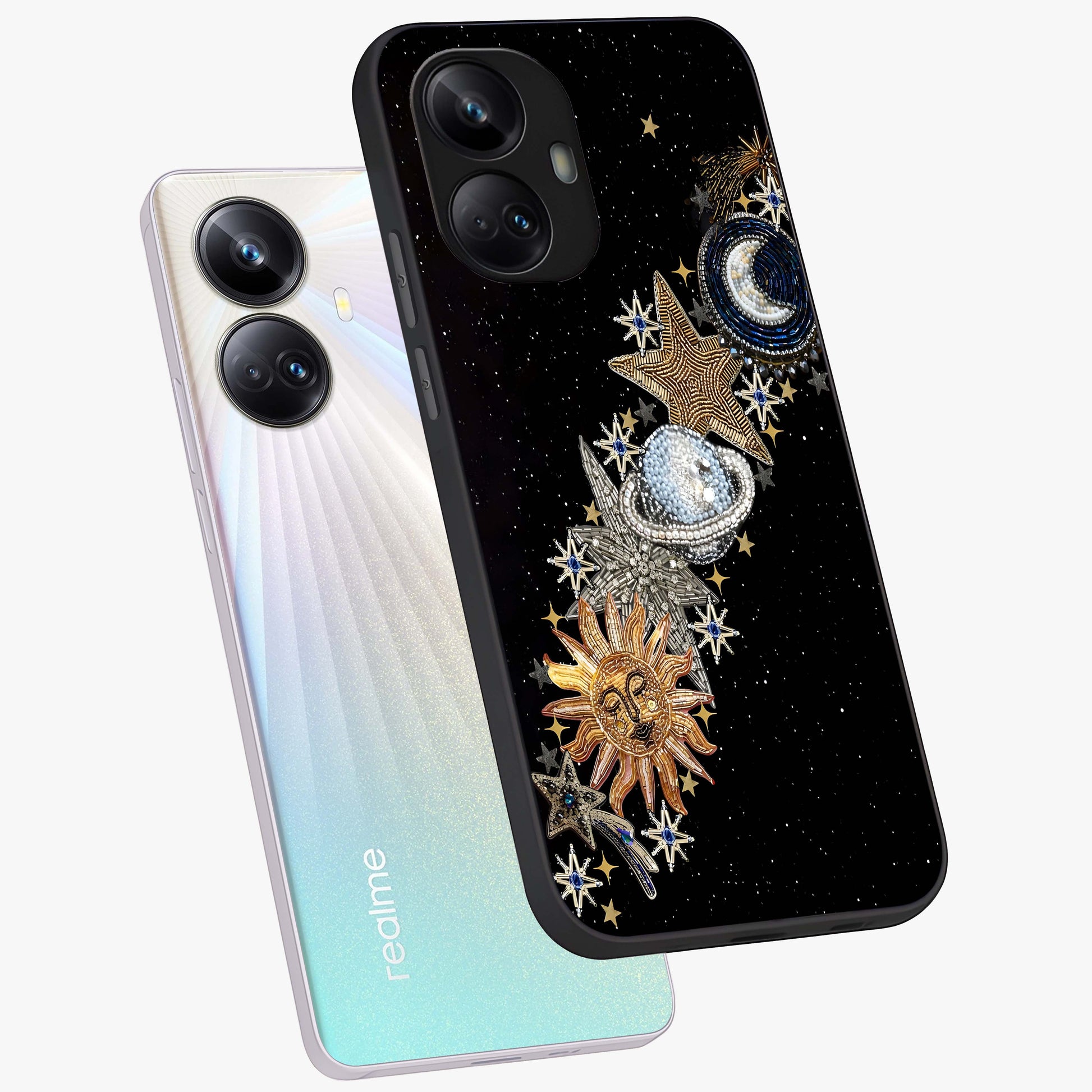Pearls Universe Object Glass Case displayed in angled mockup highlighting celestial pearl design with dreamy aesthetic.