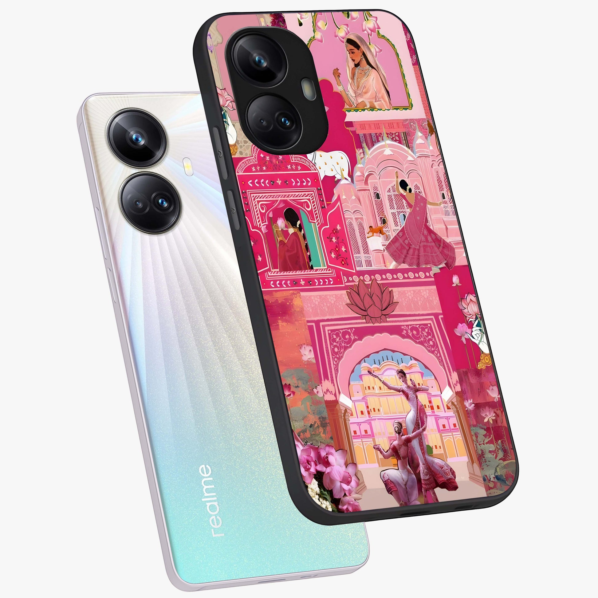 Pink Palace Muse Glass Case displayed in angled mockup highlighting dreamy palace illustration with soft pink aesthetic.