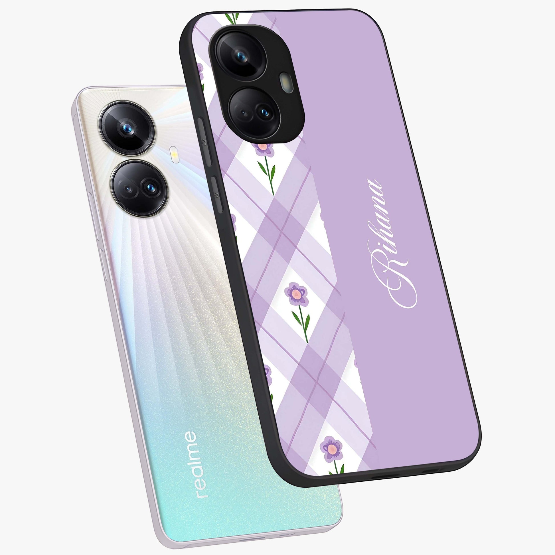 Purple Diamond Floral Glass Case displayed in angled mockup highlighting elegant purple flower design with decorative pattern.