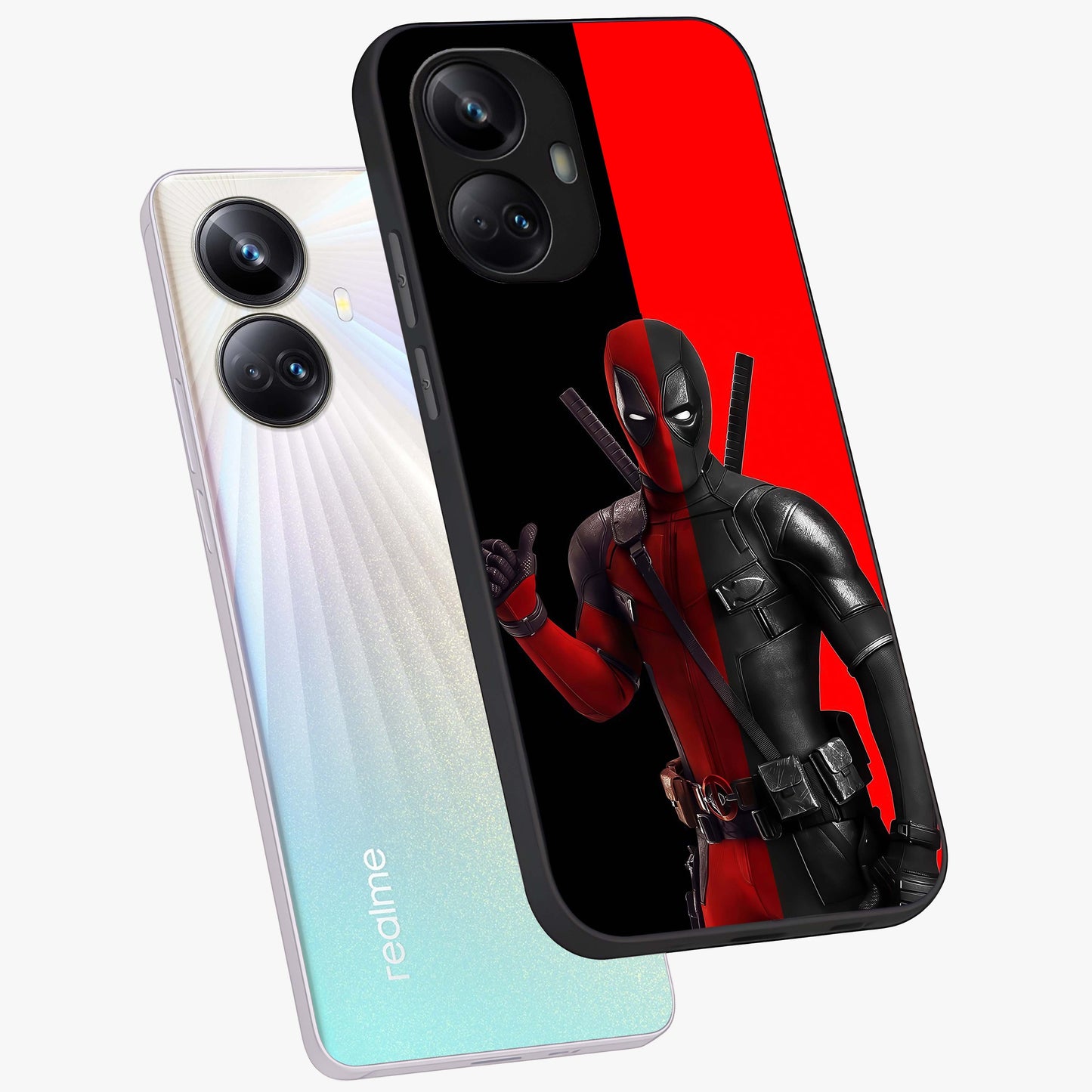 Red & Black Deadpool Theme Glass Case displayed in angled mockup highlighting vibrant superhero style illustration with action aesthetic.