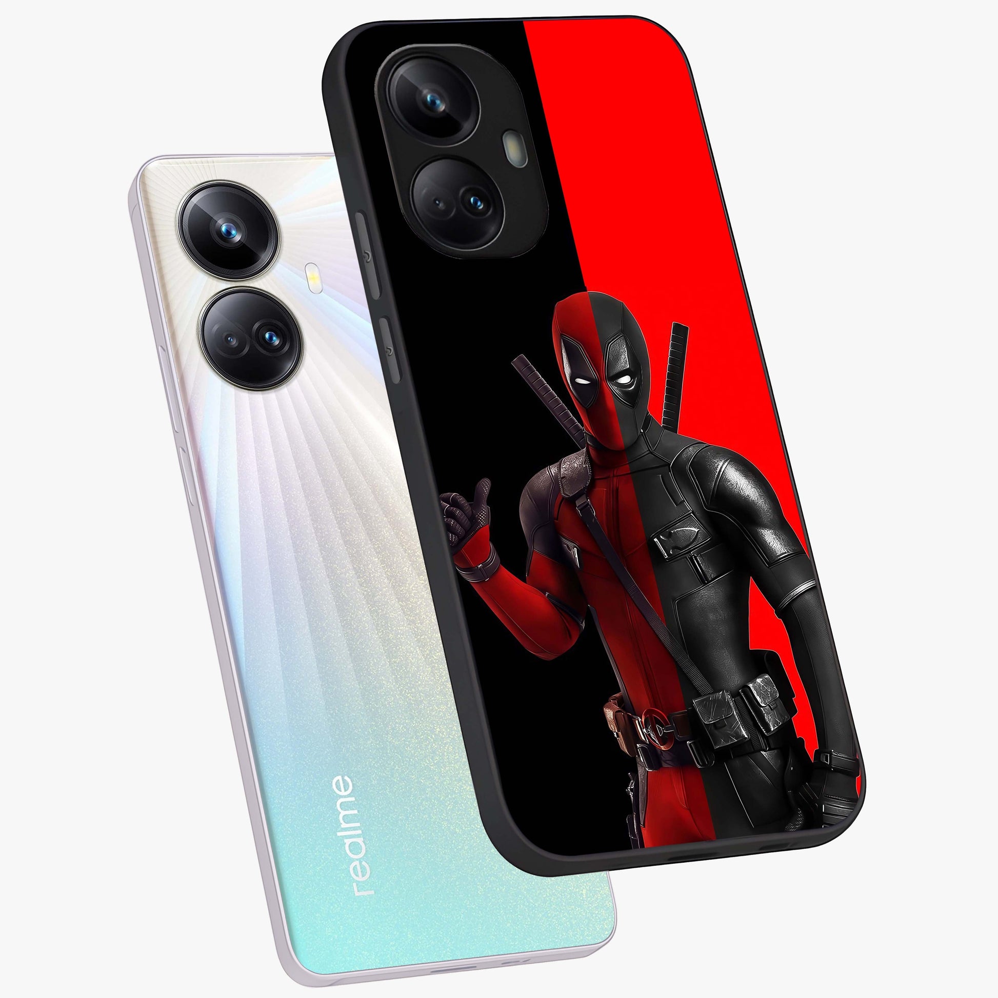 Red & Black Deadpool Theme Glass Case displayed in angled mockup highlighting vibrant superhero style illustration with action aesthetic.