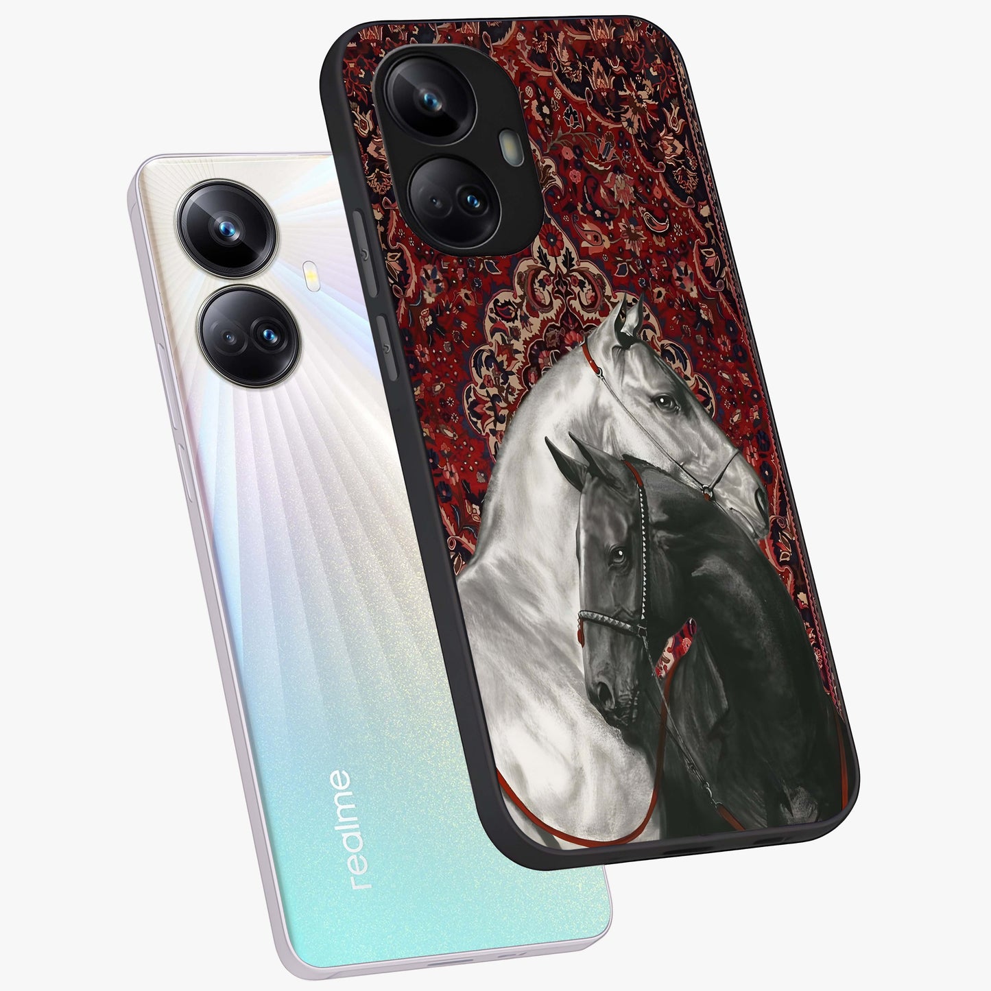 Regal Stallion Tapestry Glass Case displayed in angled mockup highlighting royal stallion design with decorative heritage aesthetic.