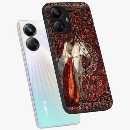 Royal Rider Tapestry Glass Case displayed in angled mockup highlighting traditional tapestry design with royal heritage aesthetic.