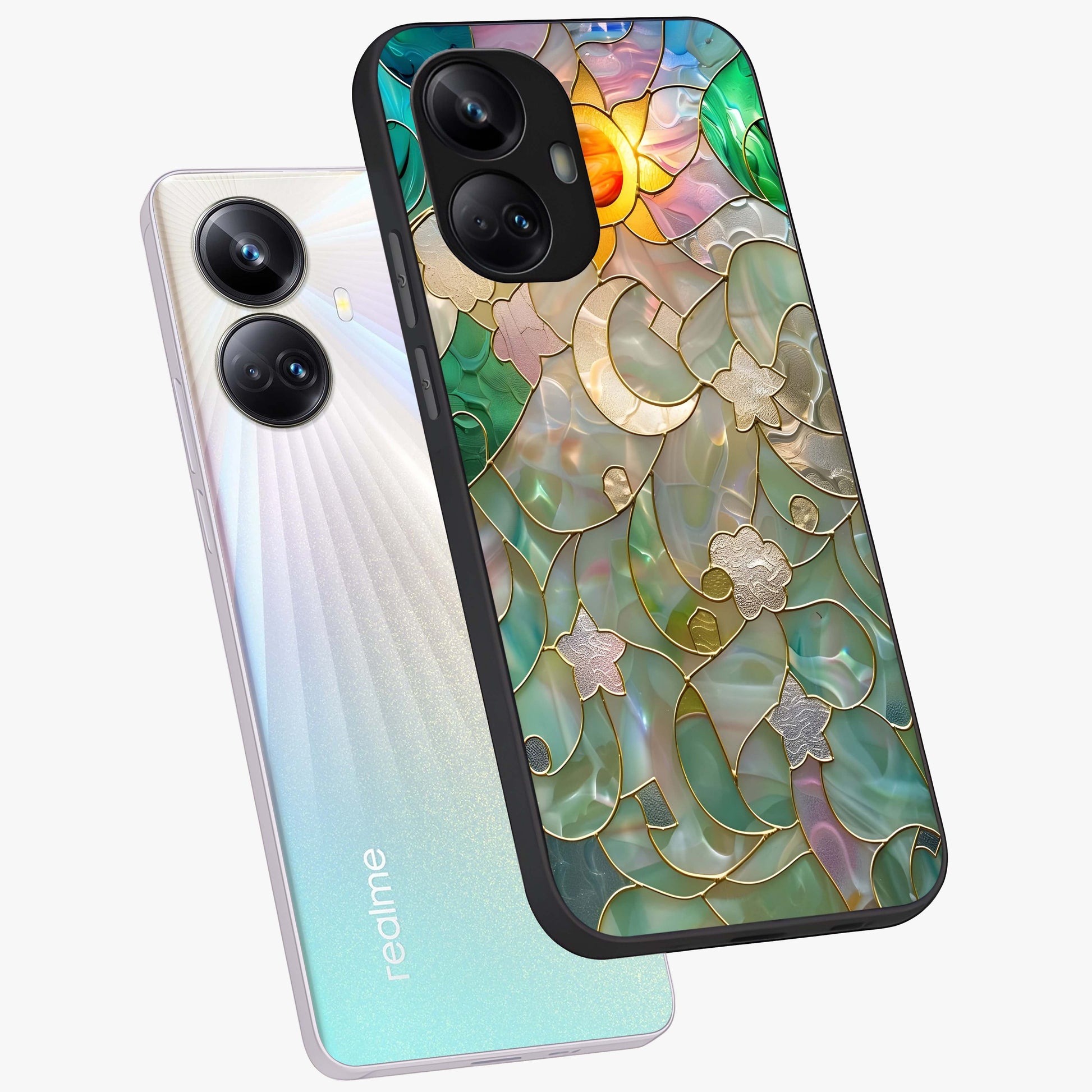 Stained Sunrise Glow Glass Case displayed in angled mockup highlighting radiant sunrise design with artistic aesthetic style.