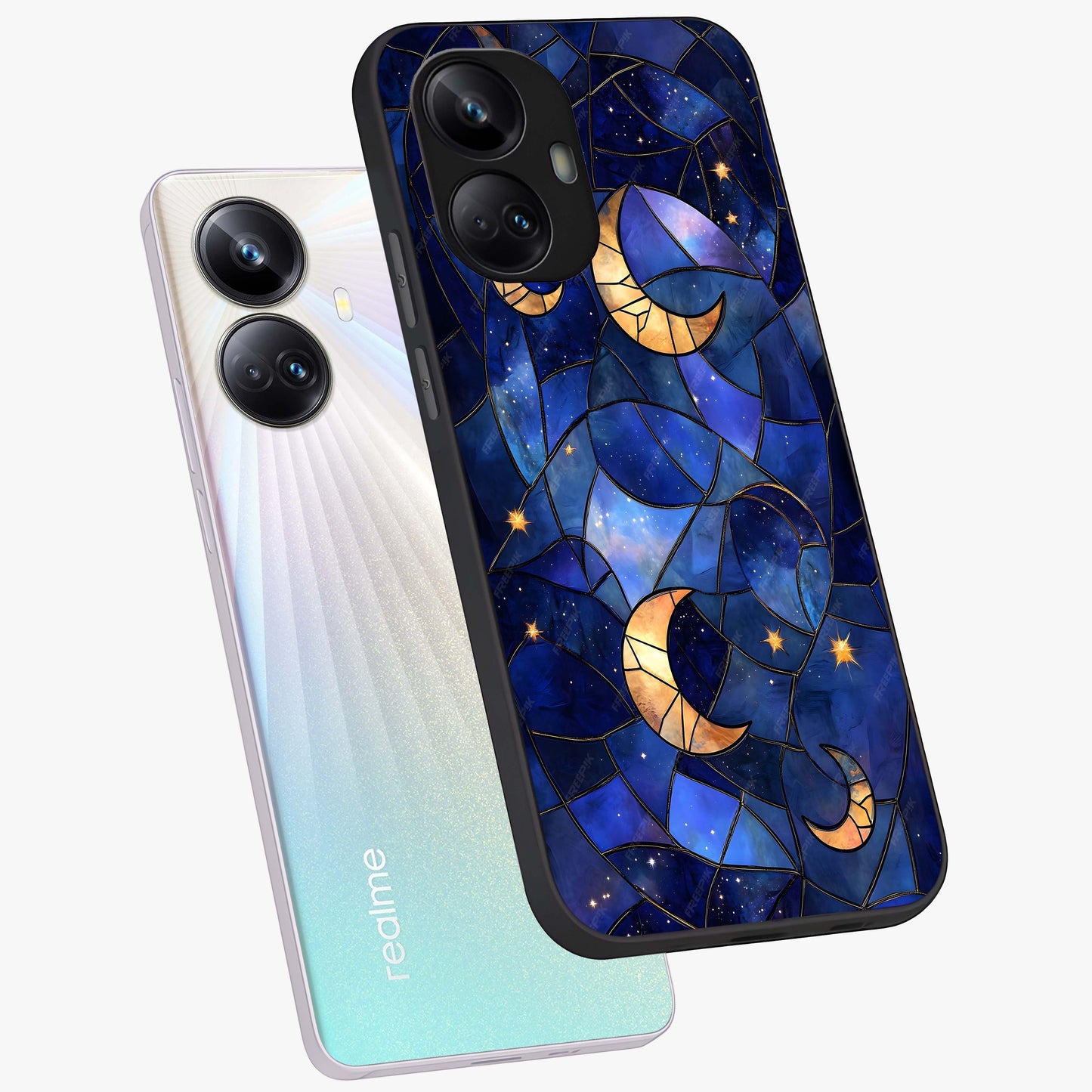 Starlit Sky Tapestry Glass Case displayed in angled mockup highlighting celestial night pattern with artistic aesthetic style.