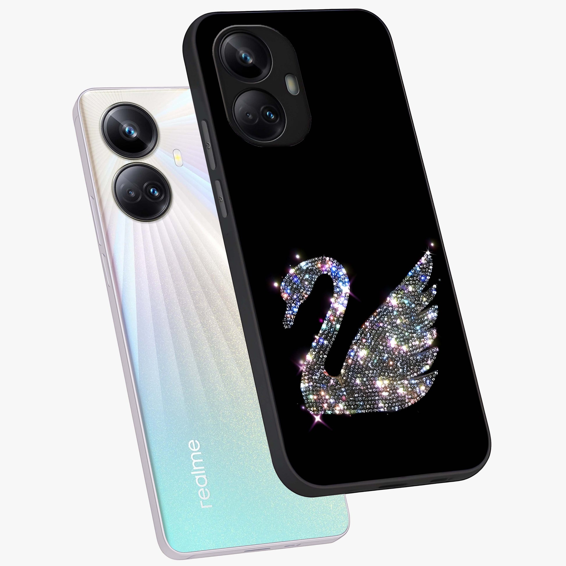 Starlit Swan Grace Glass Case displayed in angled mockup highlighting elegant swan illustration with dreamy celestial aesthetic.