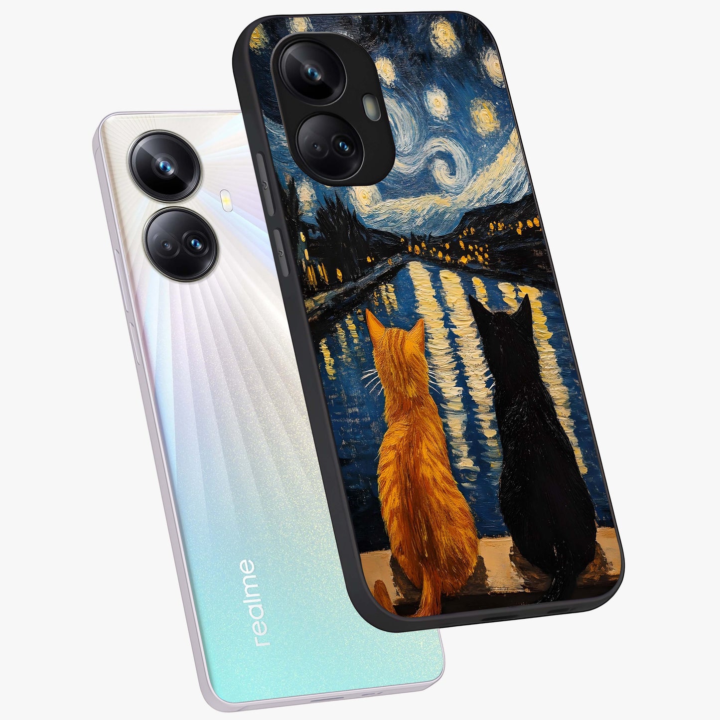 Starry River Cats Glass Case displayed in angled mockup highlighting charming feline illustration with dreamy night aesthetic.
