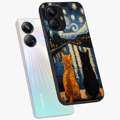 Starry River Cats Glass Case displayed in angled mockup highlighting charming feline illustration with dreamy night aesthetic.