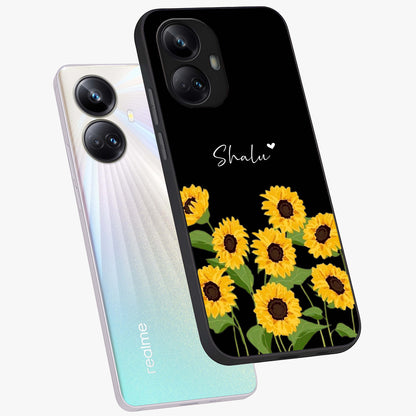 Sunflower Chic Mood Custom Name Glass Case displayed in angled mockup highlighting vibrant sunflower design with custom name feature.