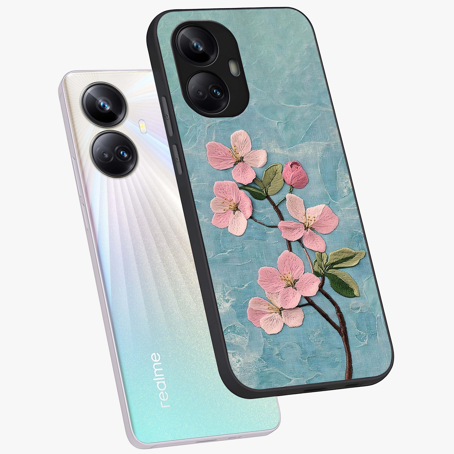 Threaded Blossom Breeze Glass Case displayed in angled mockup highlighting elegant floral design with soft aesthetic style.