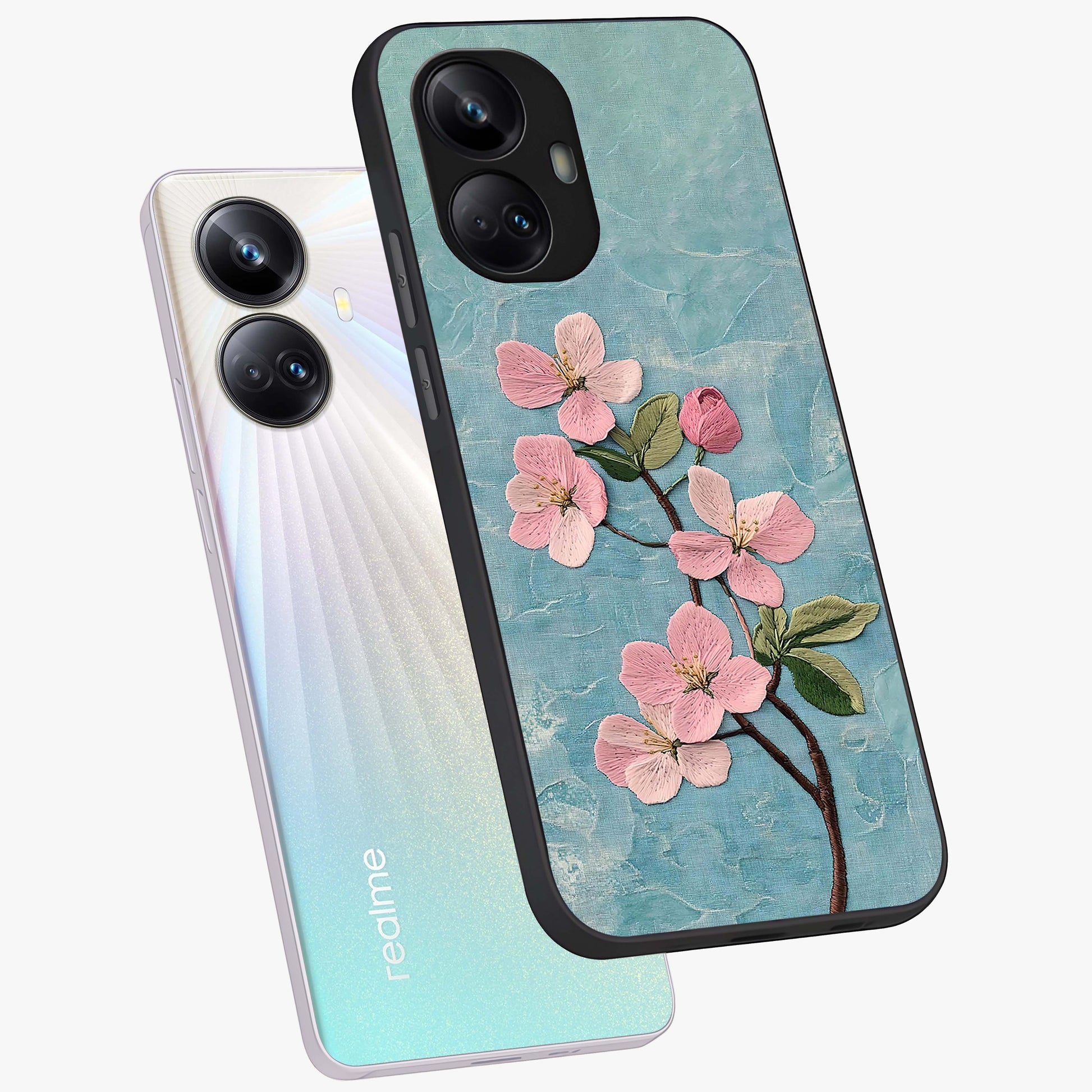 Threaded Blossom Breeze Glass Case displayed in angled mockup highlighting elegant floral design with soft aesthetic style.