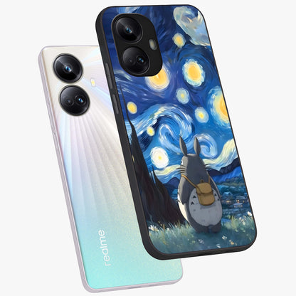 Totoro In Van Gogh Art Glass Case displayed in angled mockup highlighting artistic swirling sky design with playful animation aesthetic.