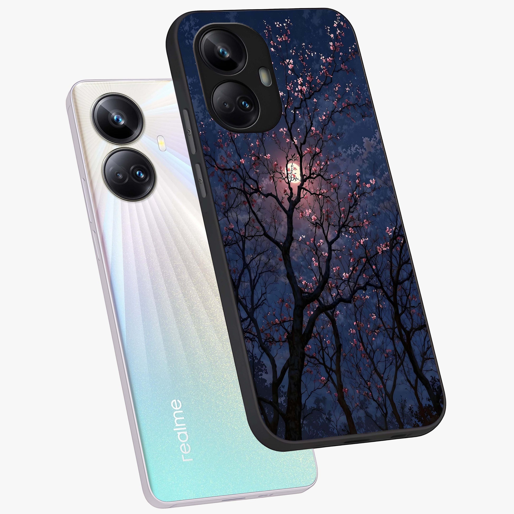 Twilight Sakura Serenade Glass Case displayed in angled mockup highlighting delicate sakura flower design with dreamy aesthetic.