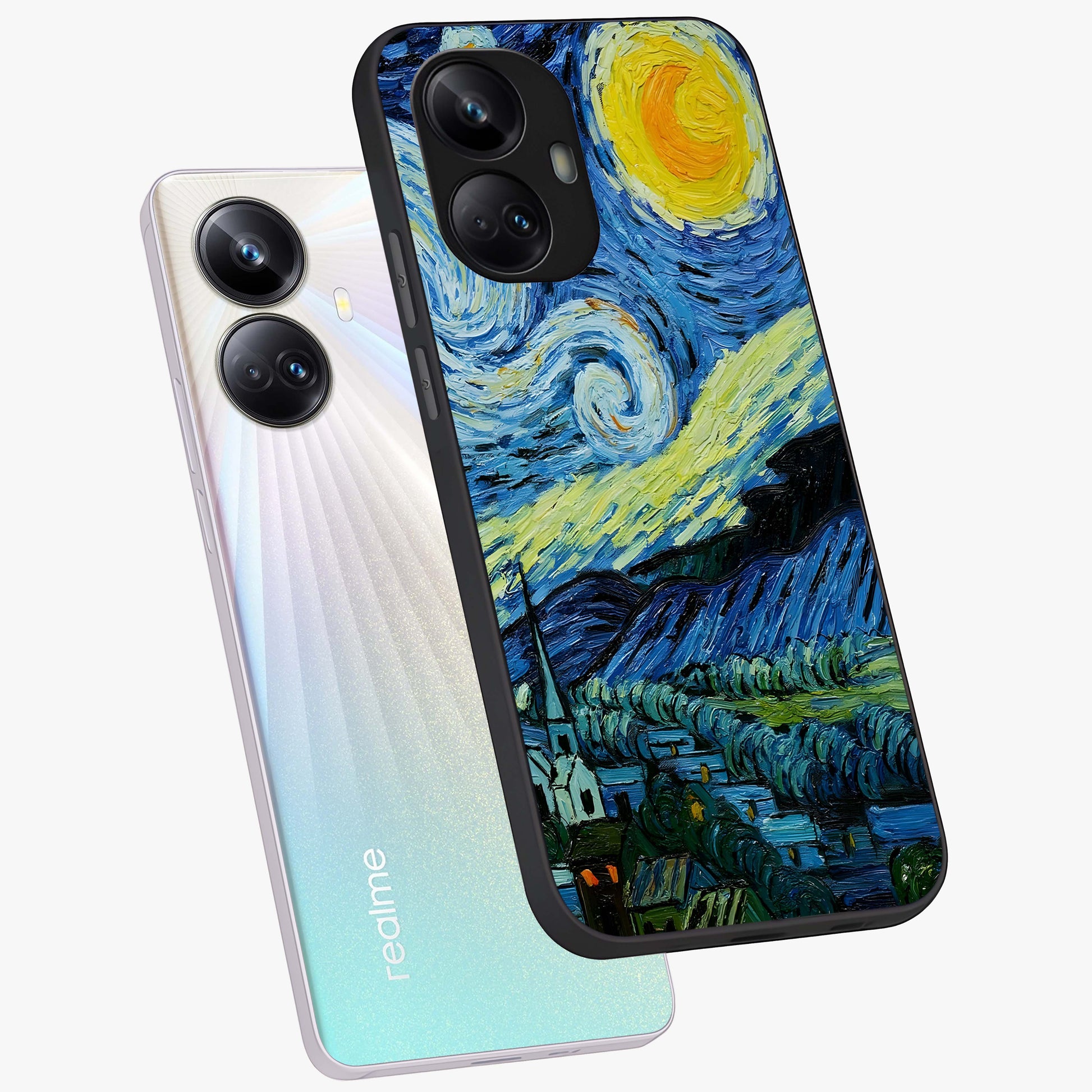 Van Gogh Art Glass Case displayed in angled mockup highlighting swirling brushstroke design with artistic aesthetic.