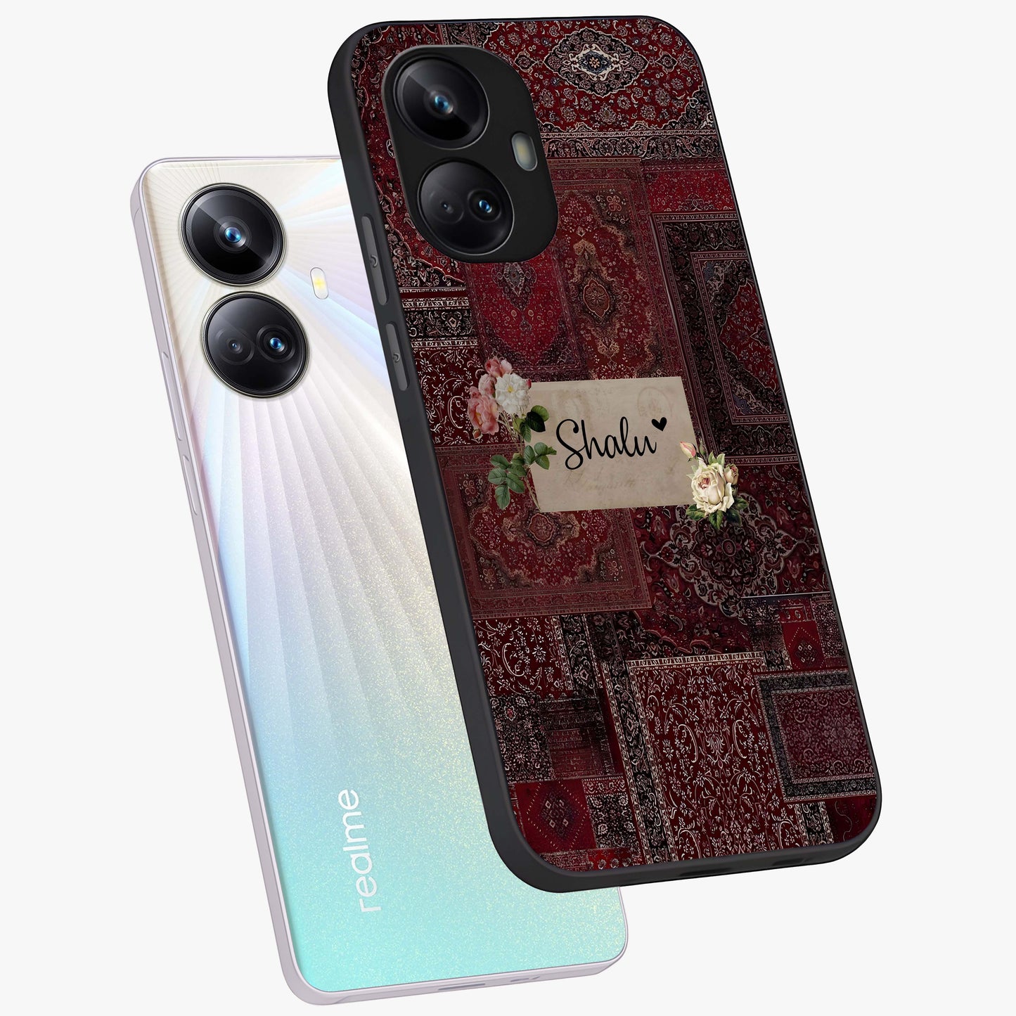 Velvet Wine Pattern Custom Name Glass Case displayed in angled mockup highlighting decorative velvet inspired design with custom name feature.