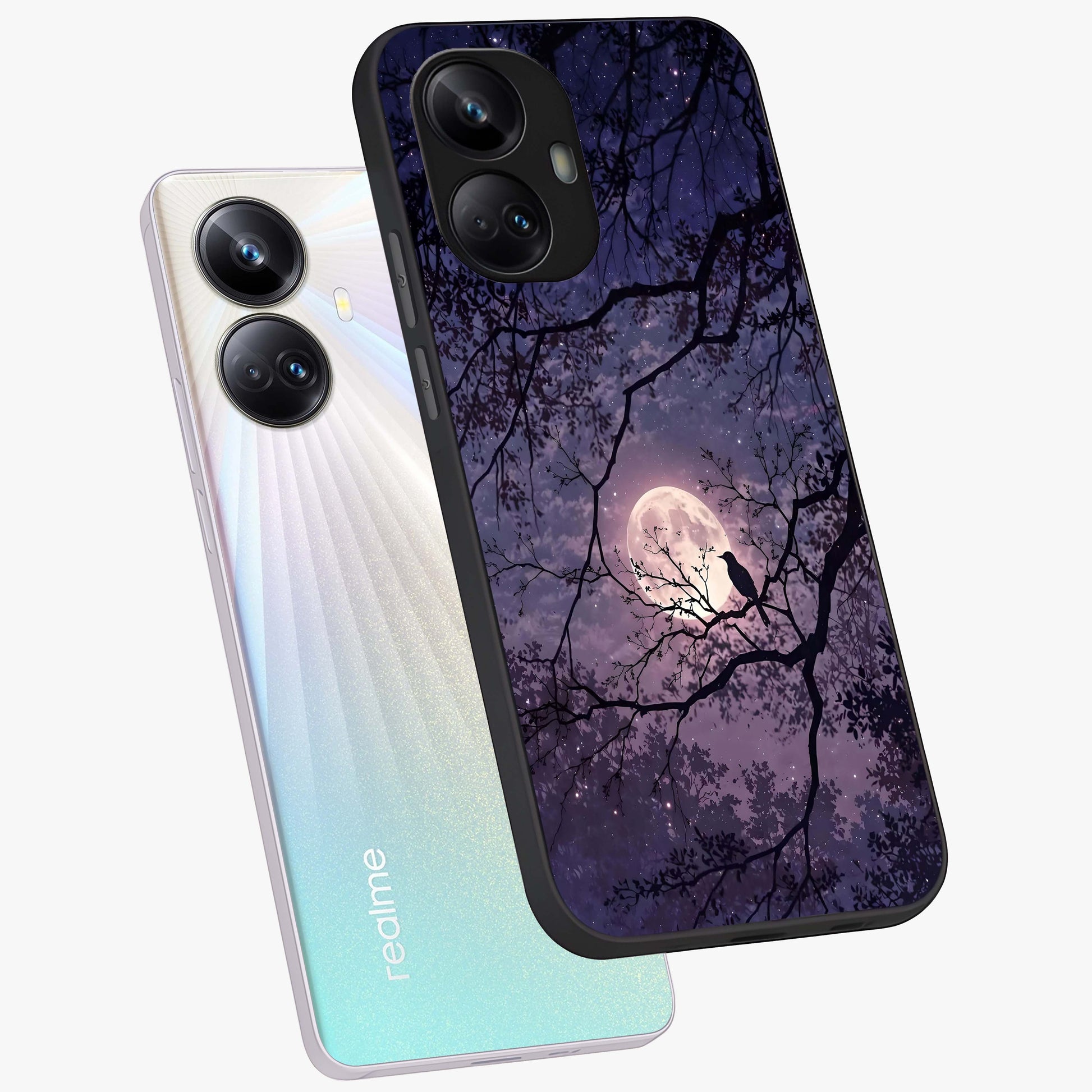 Whispering Moon Silence Glass Case displayed in angled mockup highlighting calm lunar design with dreamy night aesthetic.