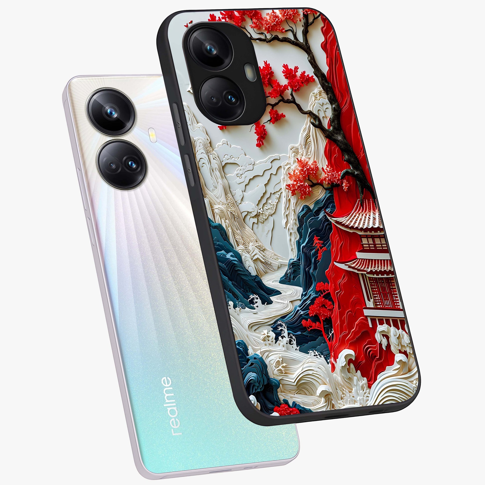 Whispers Of Sakura Waves Glass Case displayed in angled mockup highlighting flowing sakura design with soft floral aesthetic.