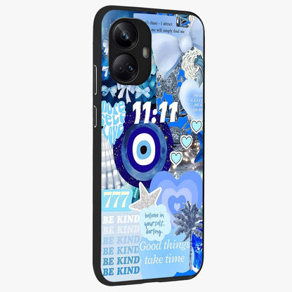 Aesthetic Be Kind Eye Glass Case upright view showcasing stylish eye illustration with positive message theme.