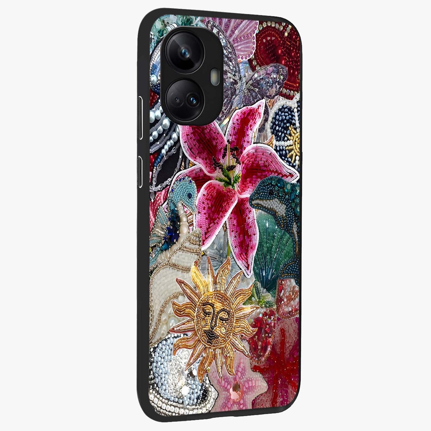 Beaded Garden Fantasy Glass Case upright view showcasing whimsical garden aesthetic with artistic bead details.
