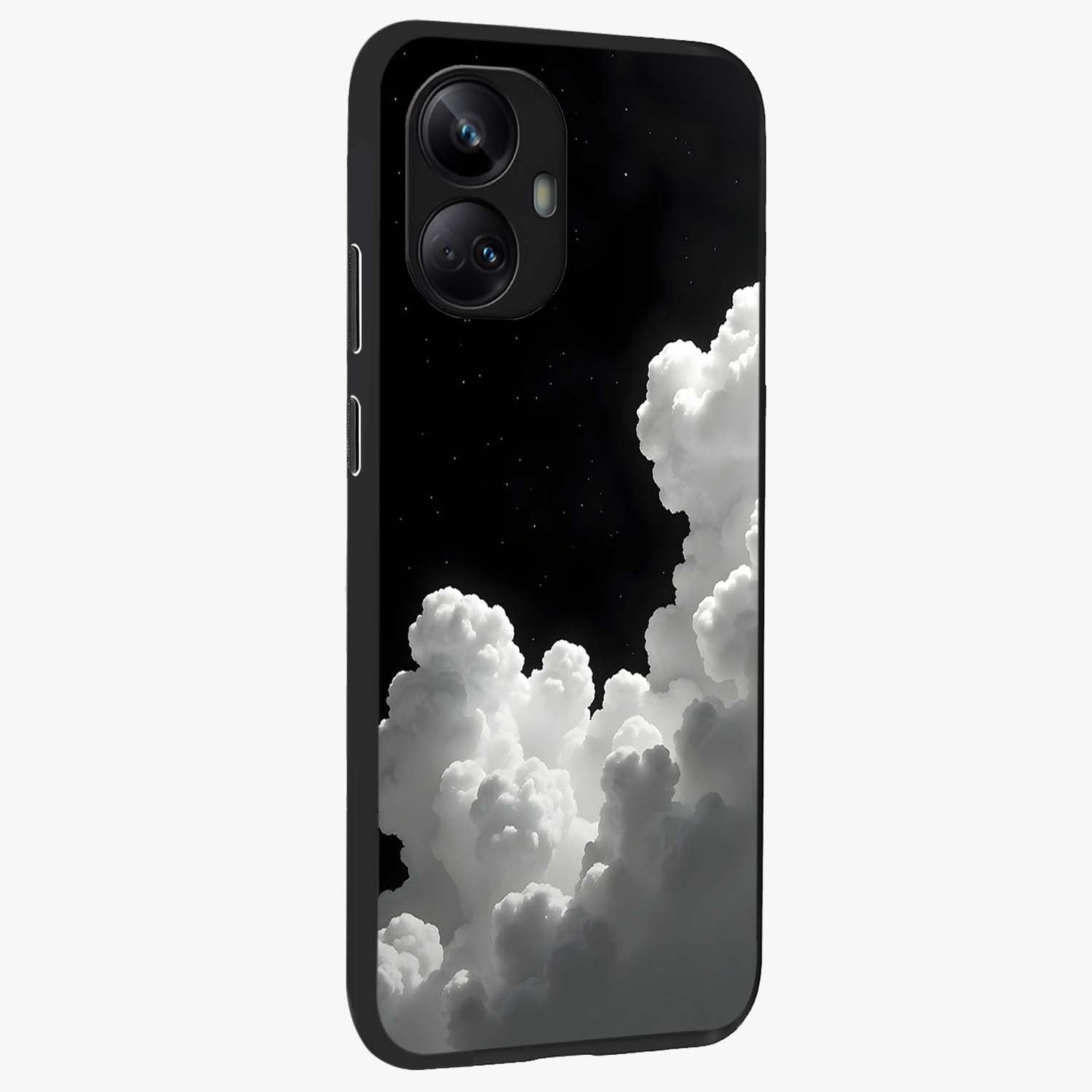 Black Background With White Cloud Glass Case upright view showcasing calm cloud aesthetic with modern minimal style.