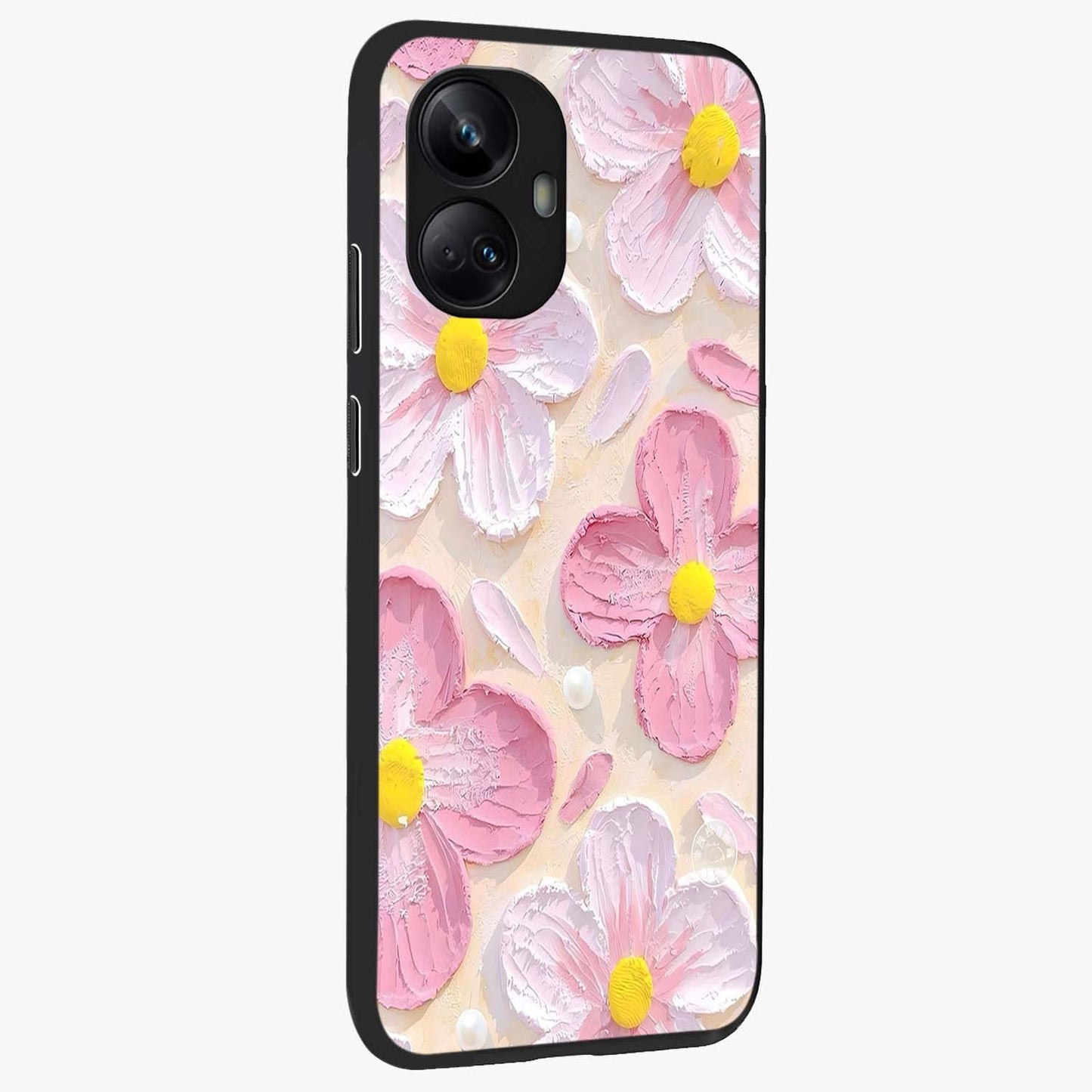 Blush Bloom Texture Glass Case upright view showcasing delicate blush floral texture with modern minimal style.