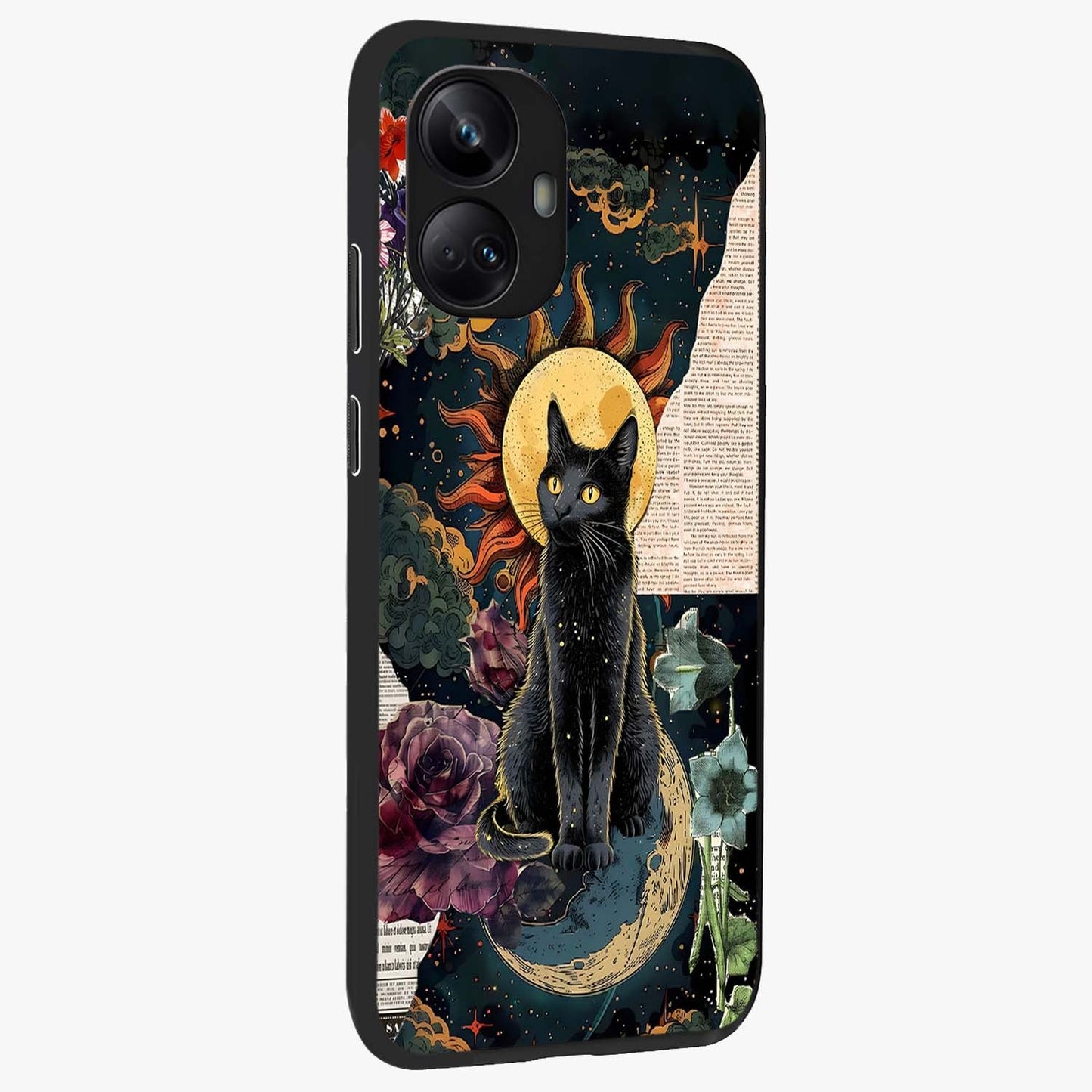 Celestial Black Cat Glass Case upright view showcasing magical black cat illustration with starry cosmic theme.