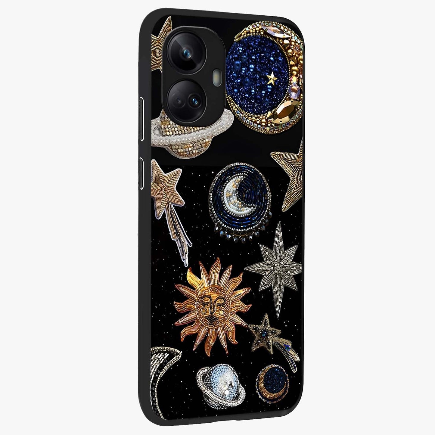Celestial Gem Constellations Glass Case upright view showcasing cosmic constellation artwork with celestial aesthetic style.