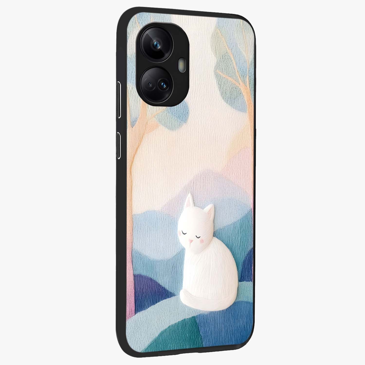 Cotton Dream Cat Glass Case upright view showcasing charming cat artwork with cozy dreamy theme.